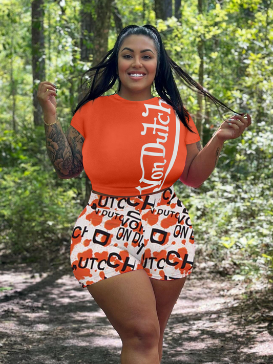 Plus Size Pattern Mixed Print Two-piece Shorts Set