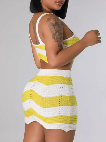 Scalloped Mesh Striped Skirt Set