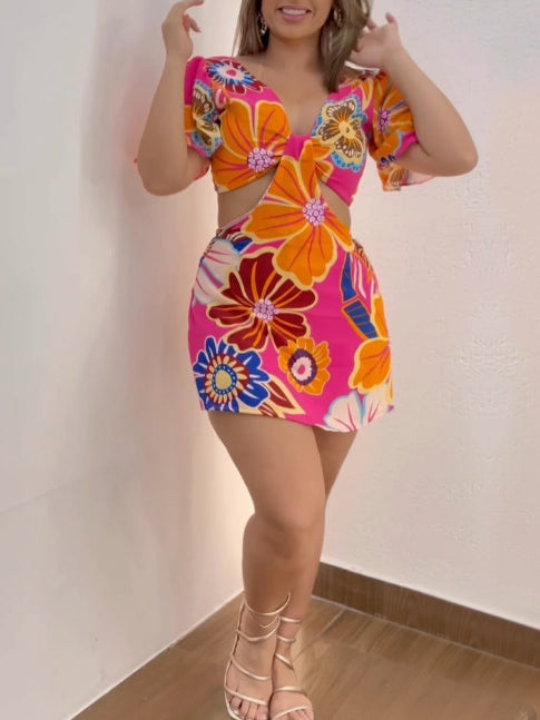 Plus Size Floral Print Cut Out Romper