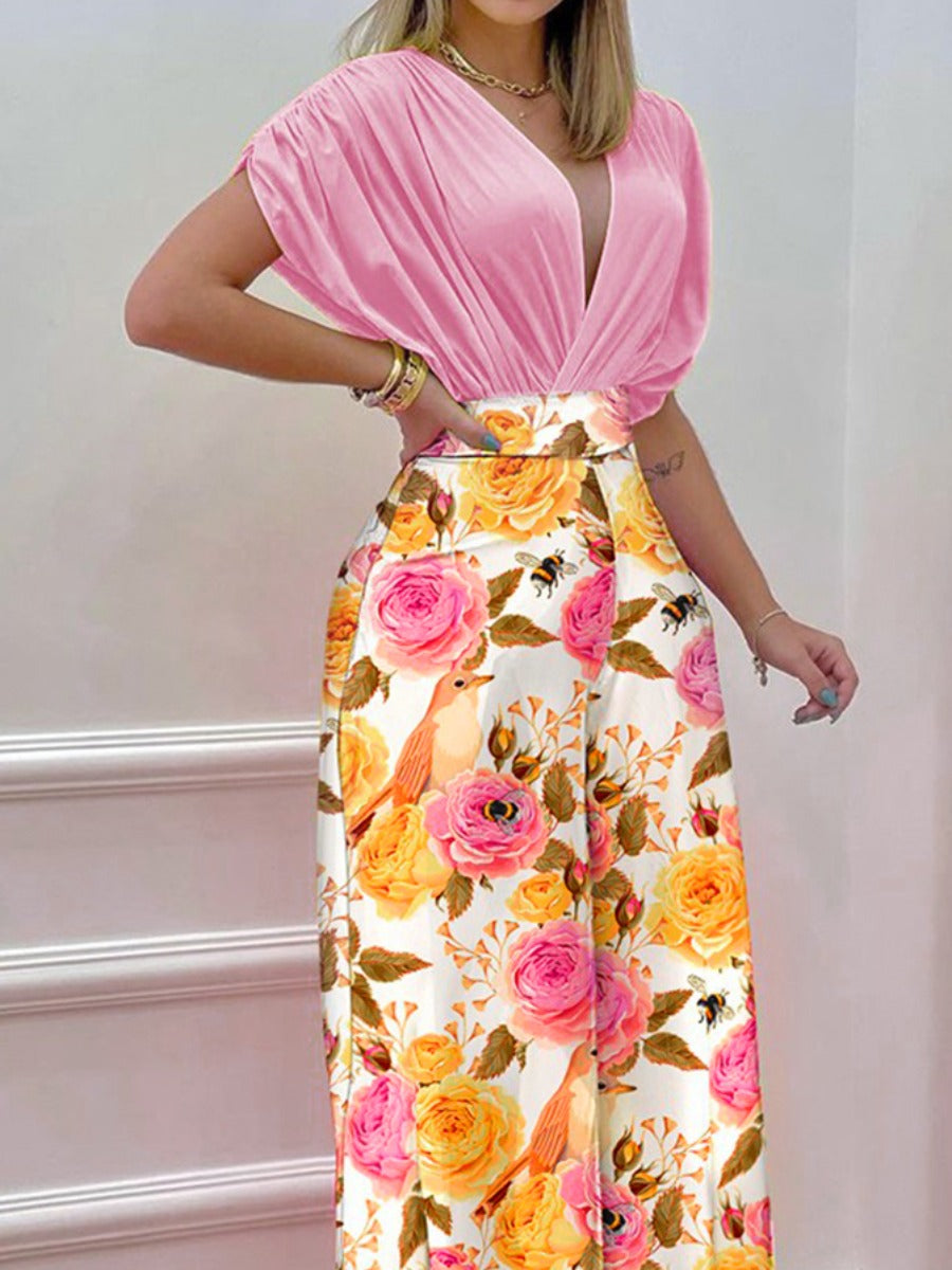 BASICS Rose Flower Print Ruched Wide Leg Pants Set