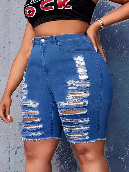 Plus Size Ripped Raw Edge Denim Shorts