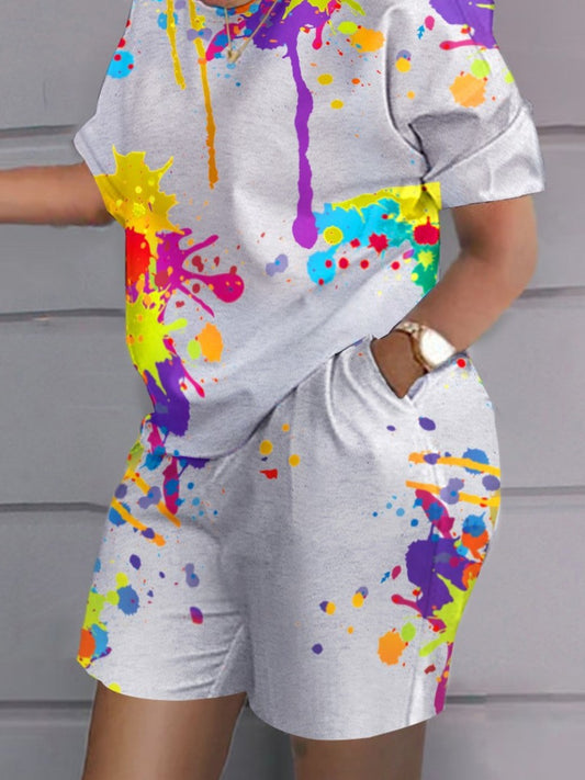 Plus Size Splash Ink Pocket Design Shorts Set