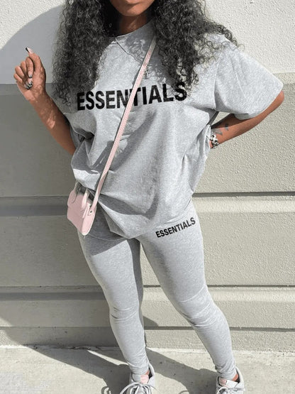 Essentials Round Neck Letter Print Pants Set