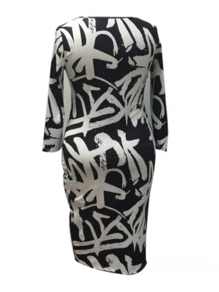 Plus Size U Neck Graffiti Print Bodycon Dress