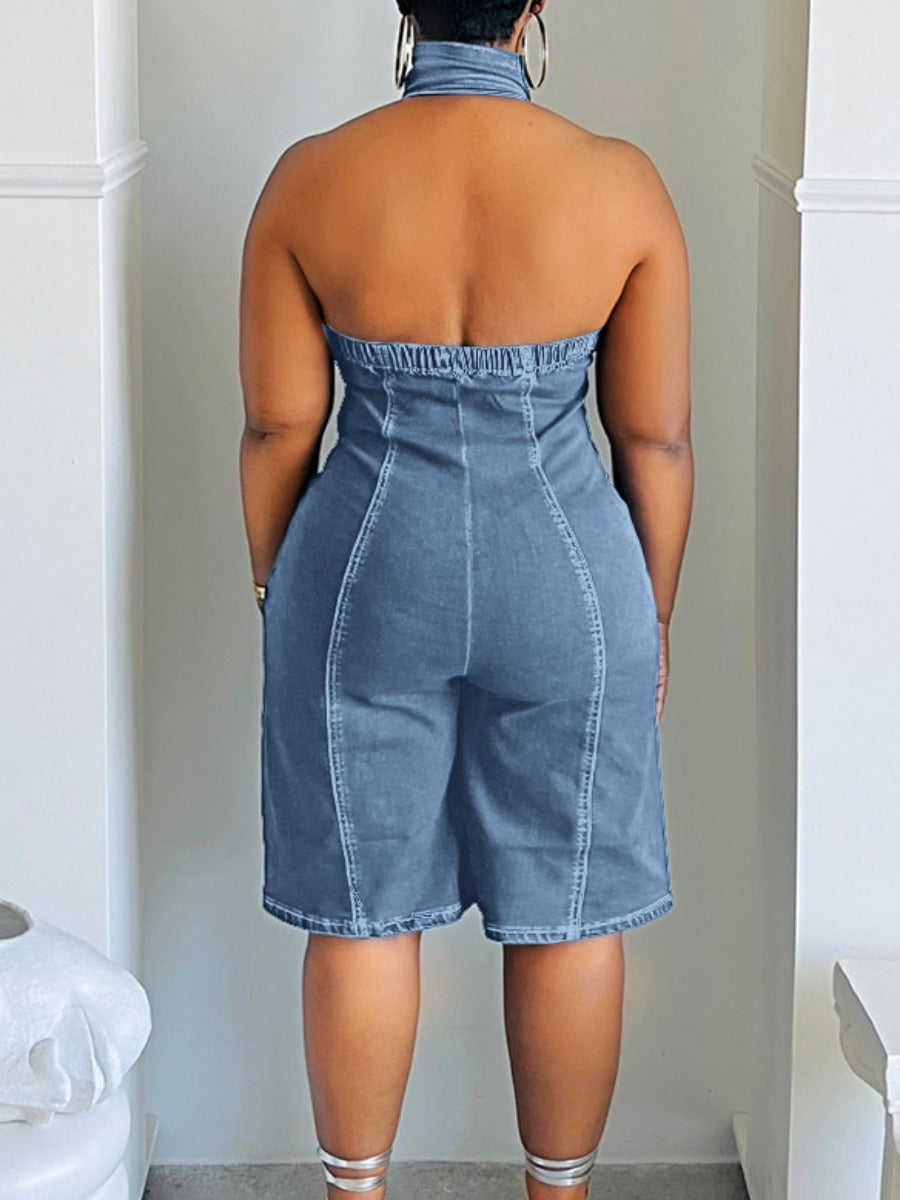 Plus Size Turtleneck Backless Denim Jumpsuit