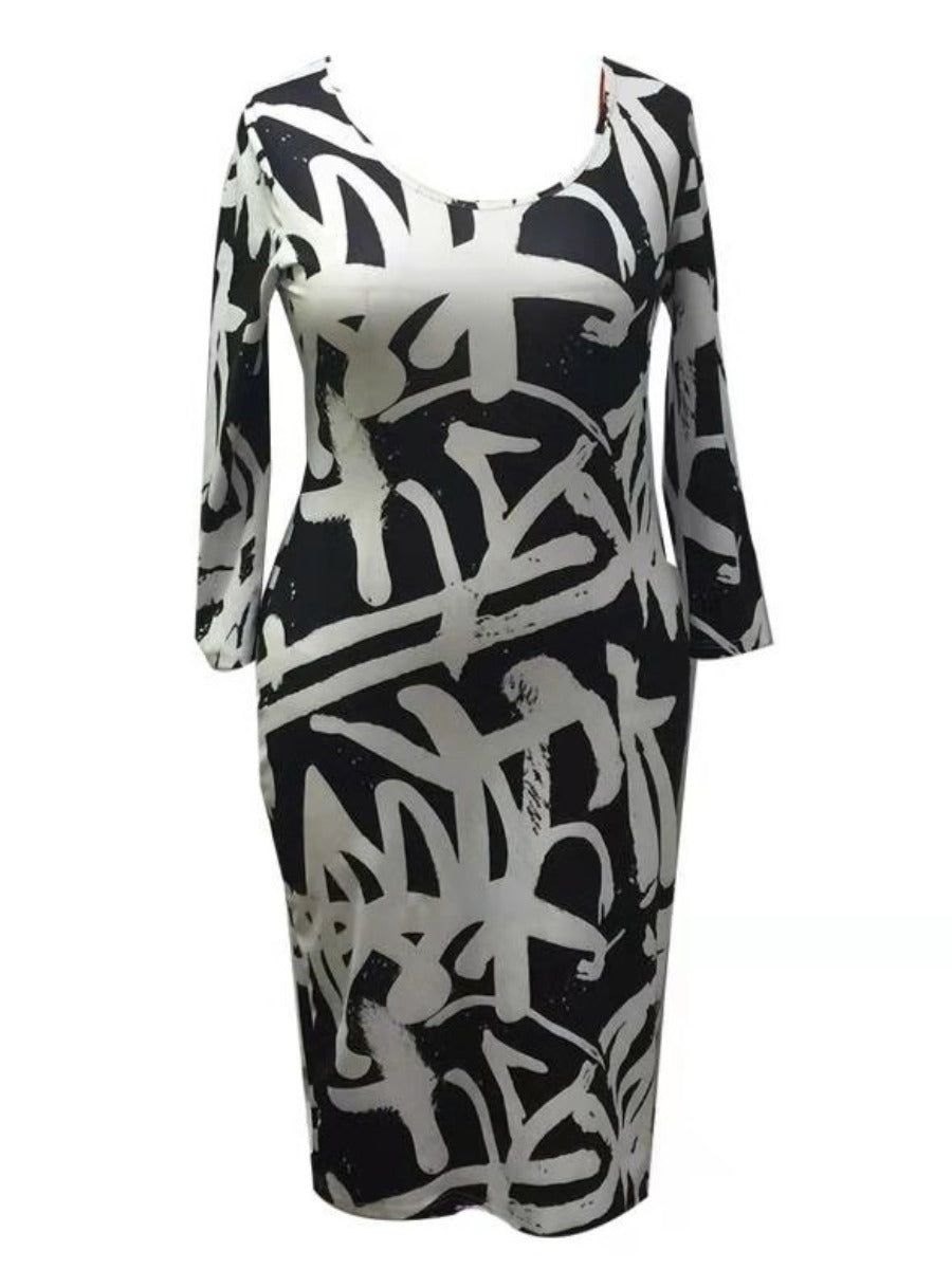 Plus Size U Neck Graffiti Print Bodycon Dress