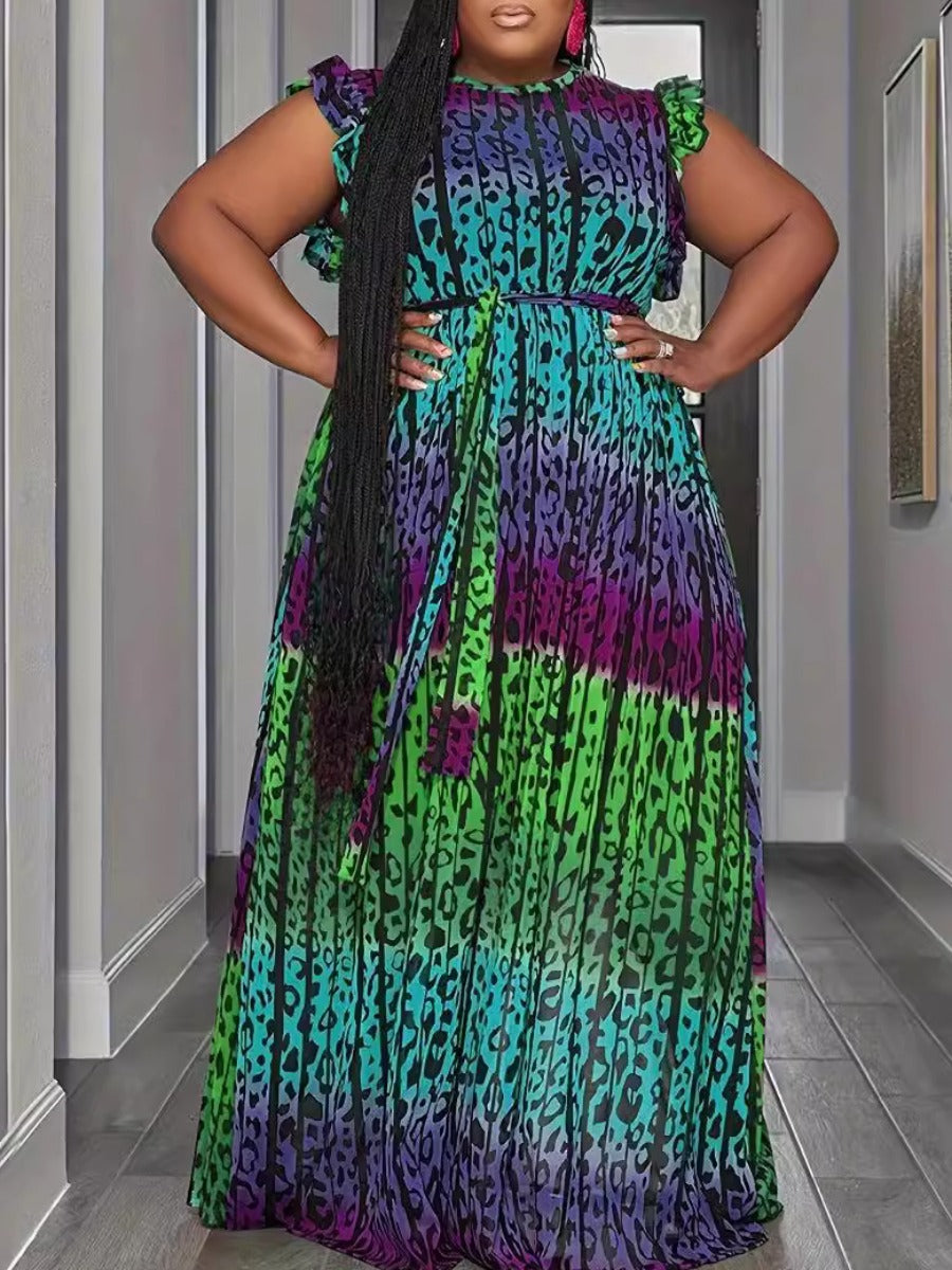 Plus Size Leopard Print Ruffle Design Pleated Dress