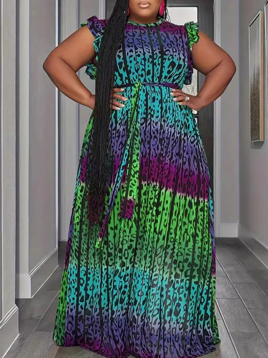 Plus Size Leopard Print Ruffle Design Pleated Dress