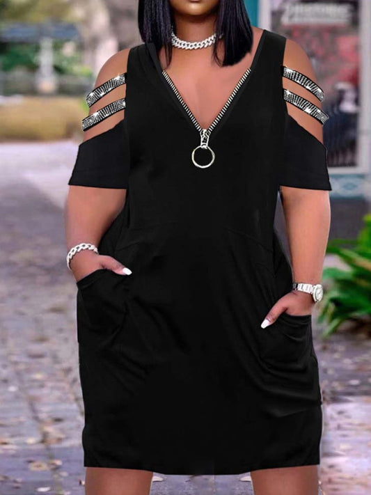 Plus Size Rhinestone Decor Cut Out Pocket Design Dress