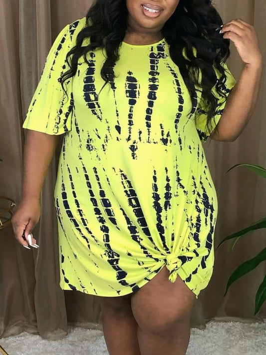 Plus Size Round Neck Tie Dye Dress