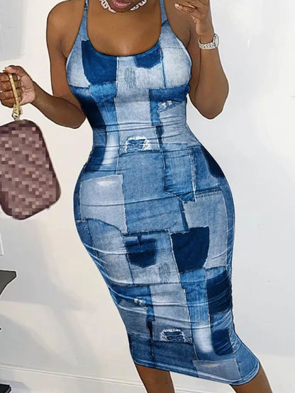 Imitation Denim Cut Out Bodycon Dress