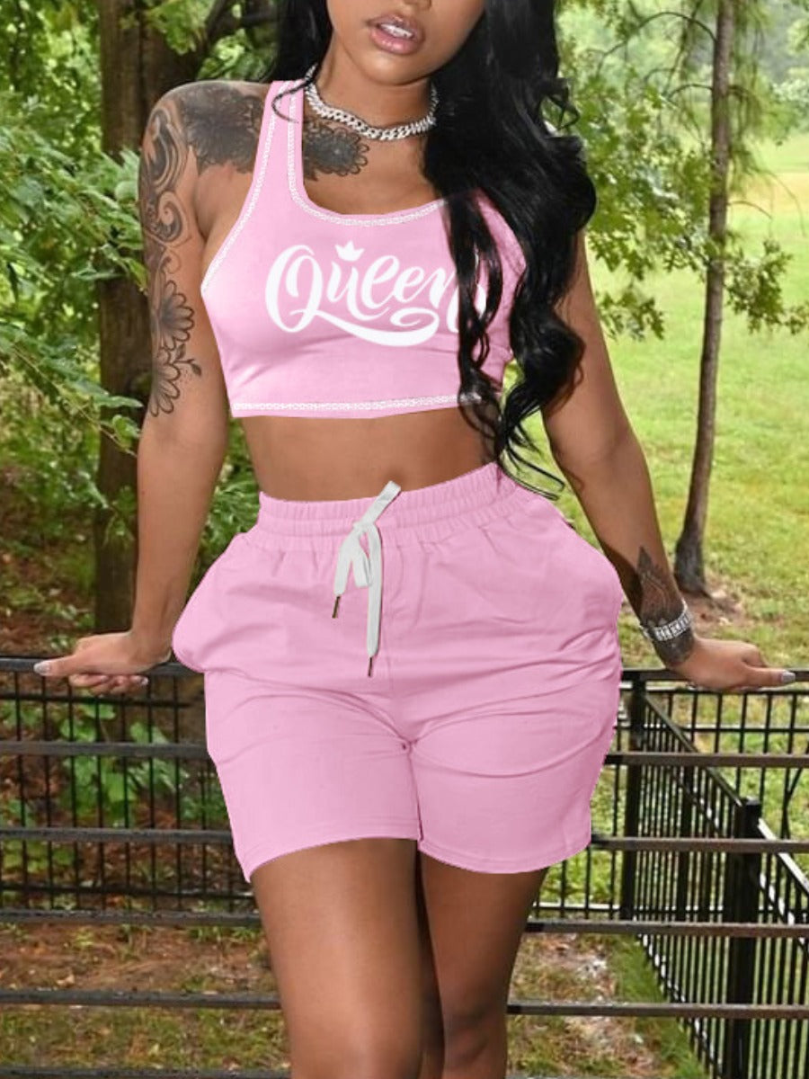 Crop Top Queen Letter Print Drawstring Shorts Set