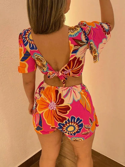 Plus Size Floral Print Cut Out Romper