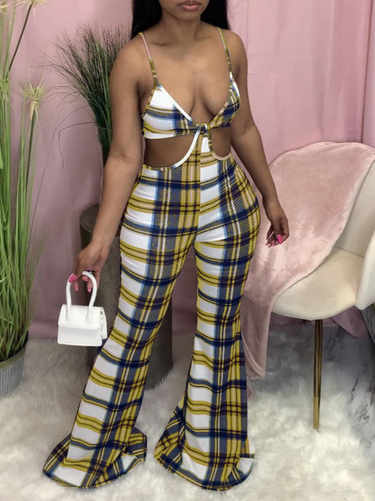 Plaid Print Cut Out Wide Leg Cami Jumpsuit