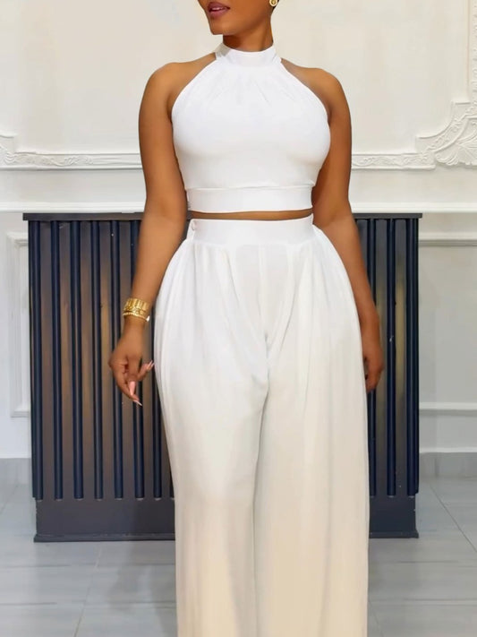 Plus Size Halter Neck Crop Top Wide Leg Pants Set