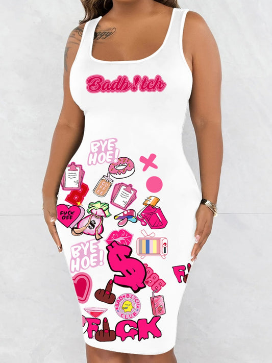 Plus Size Cartoon Letter Print Bodycon Cami Dress