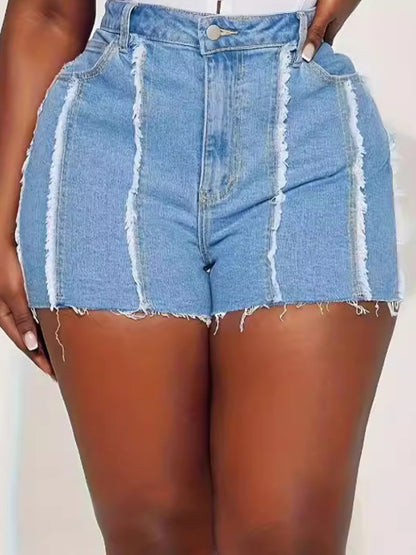 Plus Size Mid Waist Raw Edge Denim Shorts