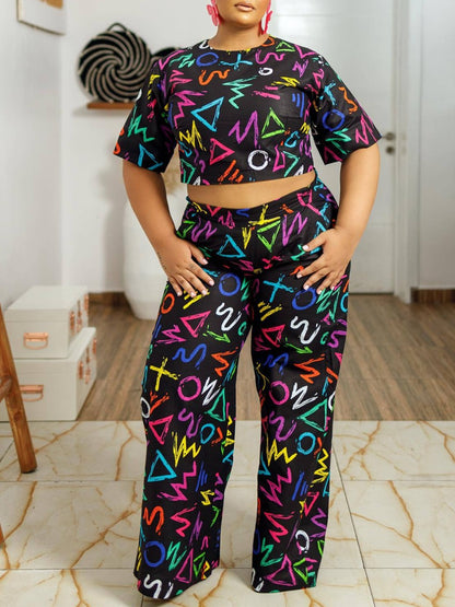 Plus Size Crop Top Graffiti Letter Pants Set