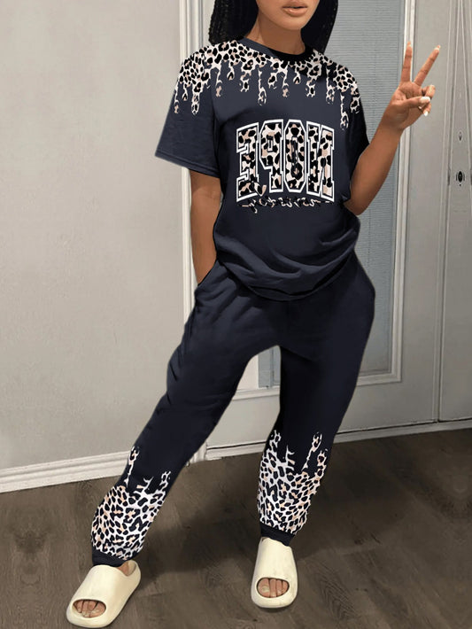 Leopard Letter Print Pants Set