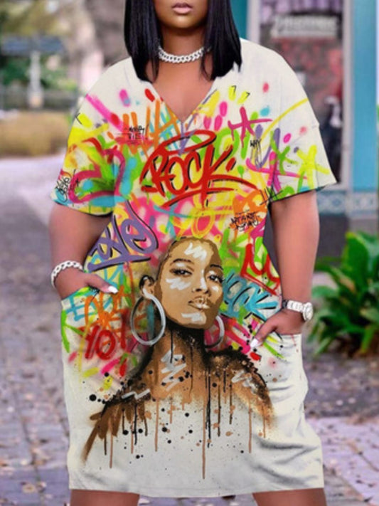 Plus Size Graffiti Figure Print Pocket Design Dress