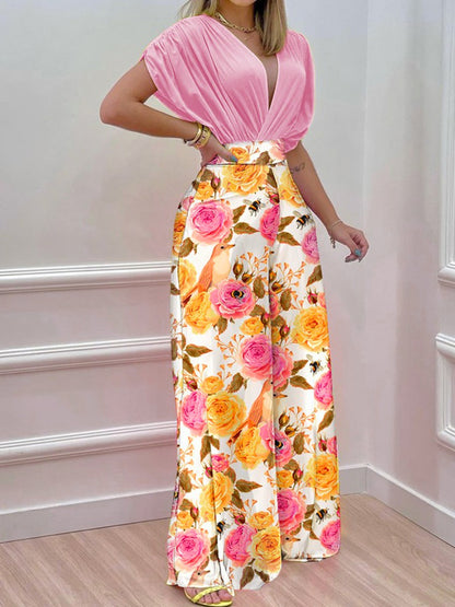 BASICS Rose Flower Print Ruched Wide Leg Pants Set