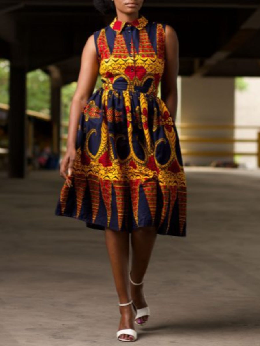 Plus Size Tribal Print Pocket Design A Line Dress