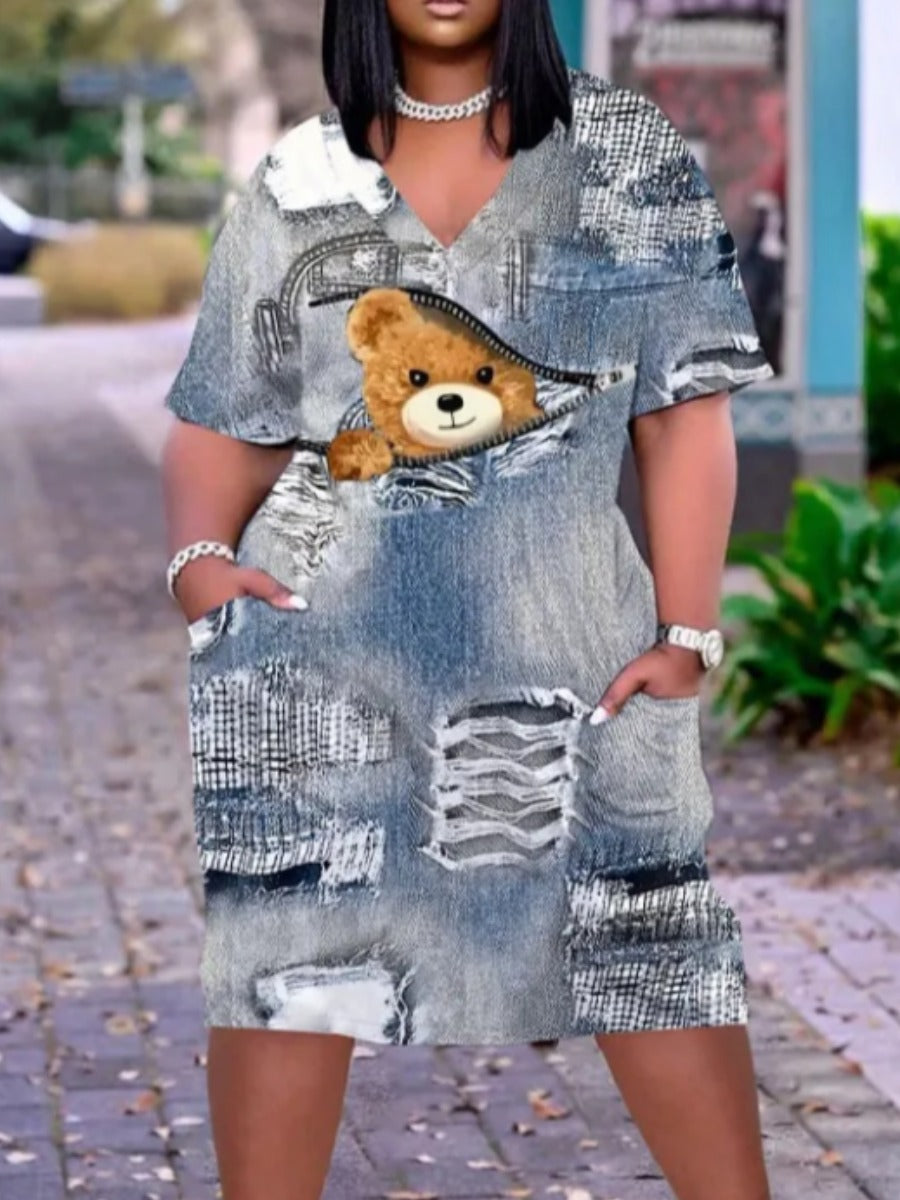 Plus Size Imitation Denim Teddy Bear Print Pocket Design Dress