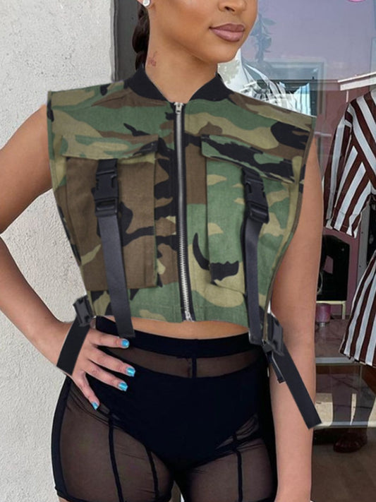 Camo Print Crop Top Buckle Design Blouse