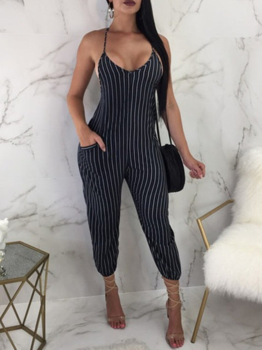 Pocket Design Striped Jumpsuit