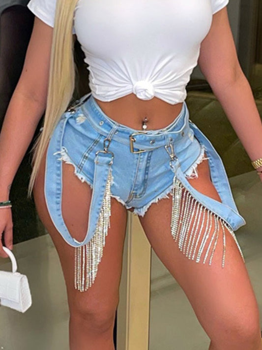 Belt Tassel Design Raw Edge Denim Shorts