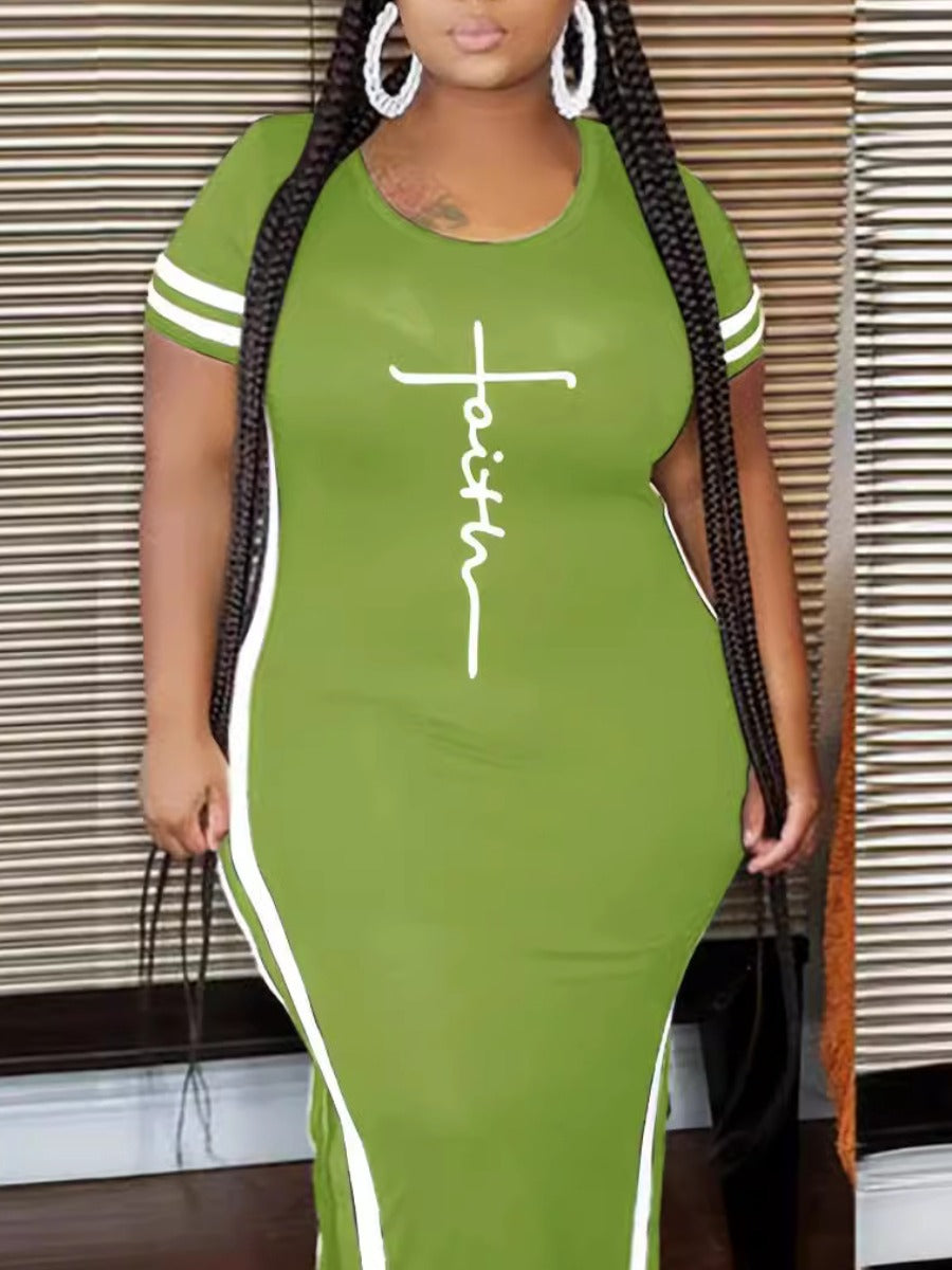 Plus Size Faith Letter Print Striped Bodycon Dress