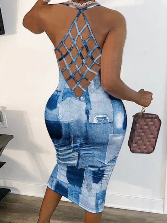 Imitation Denim Cut Out Bodycon Dress