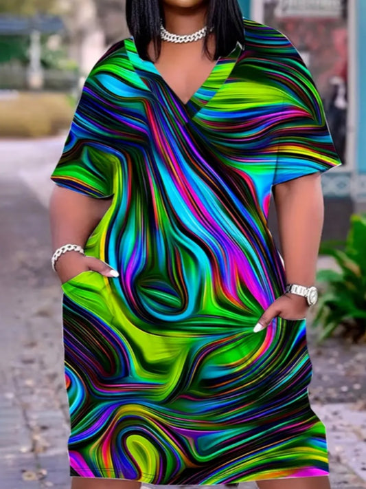 Plus Size V Neck Mixed Print Pocket Design Dress