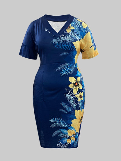 Plus Size Floral Print Pocket Design Dress