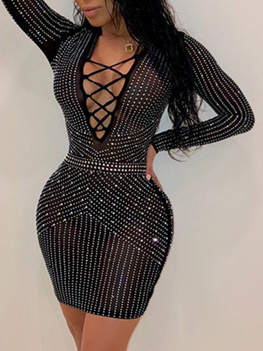 SXY See Through Rhinestone Bodycon Dress