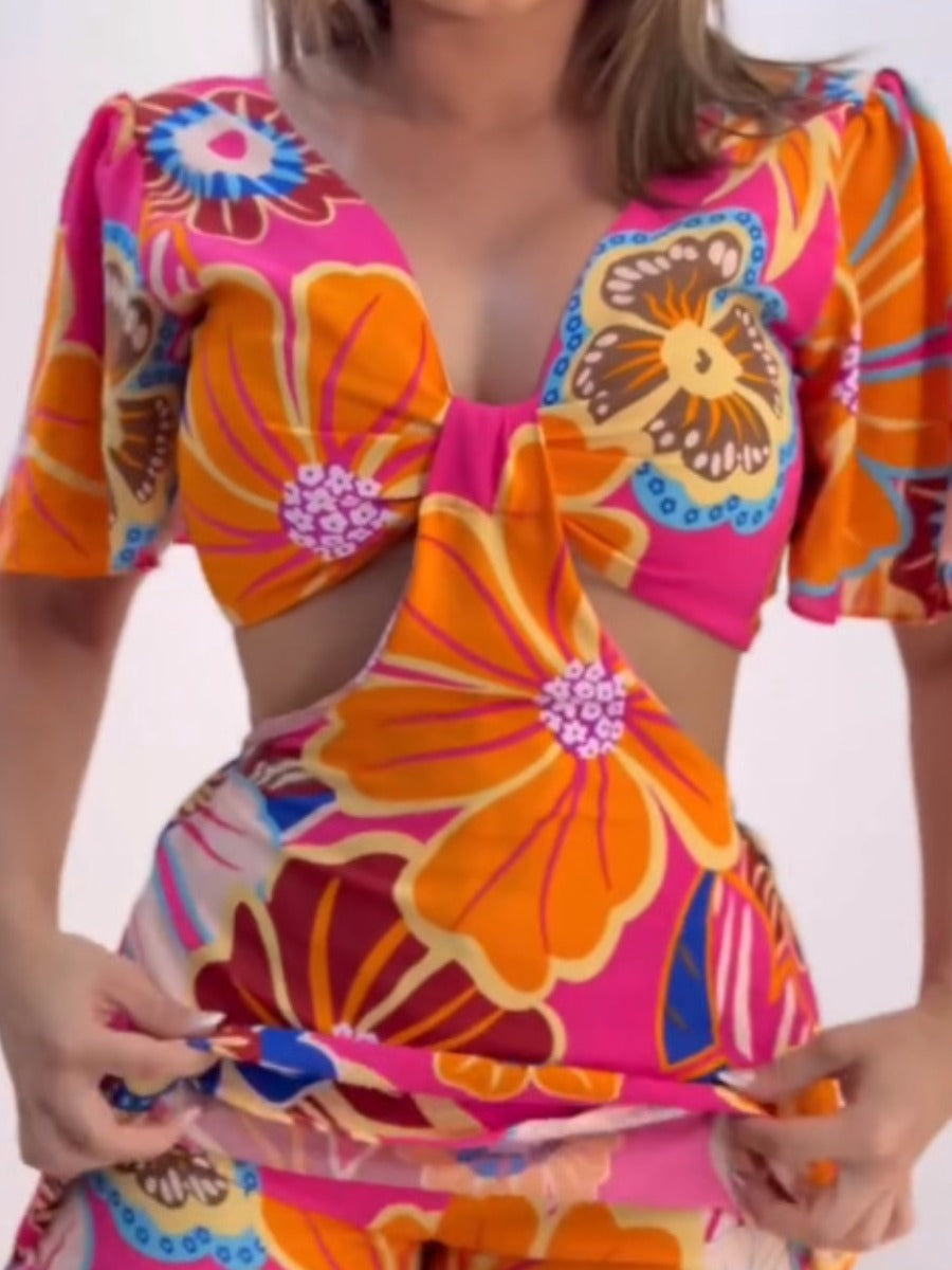 Plus Size Floral Print Cut Out Romper