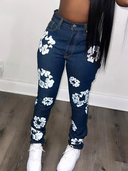 Floral Decor Micro Elasticity Jeans