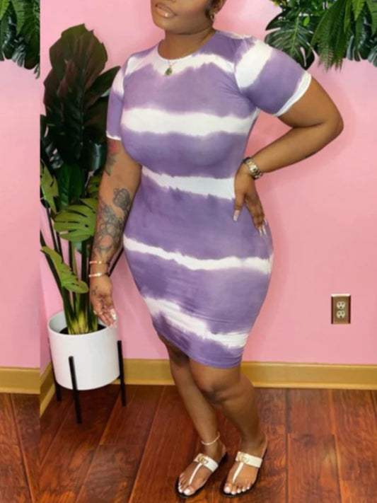 Plus Size Round Neck Tie Dye Bodycon Dress