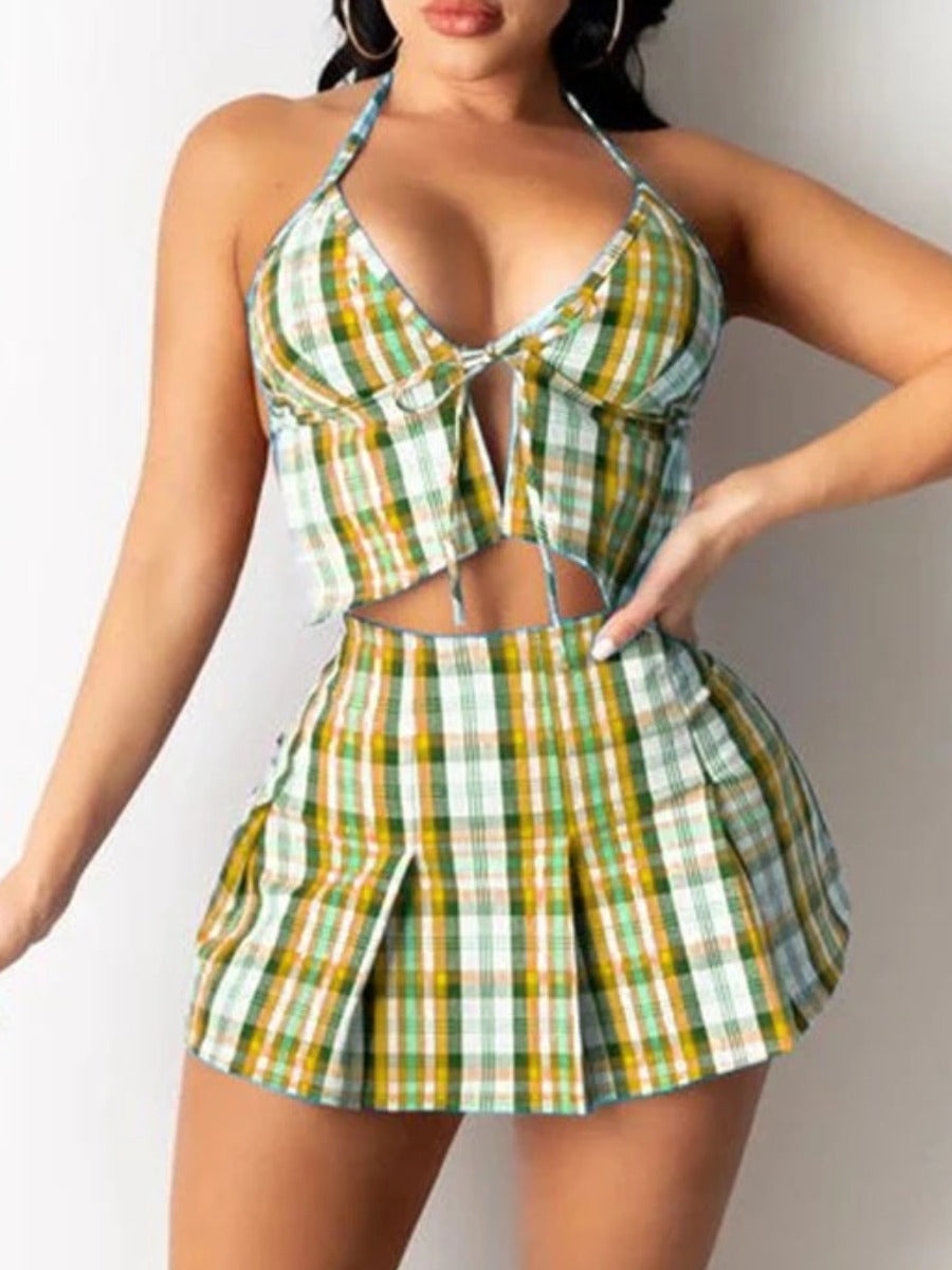 Plaid Print Bandage Design Pleated Skirt Set