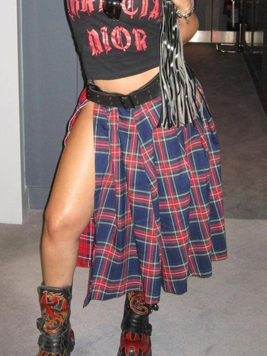 Plaid Print Split Skirt