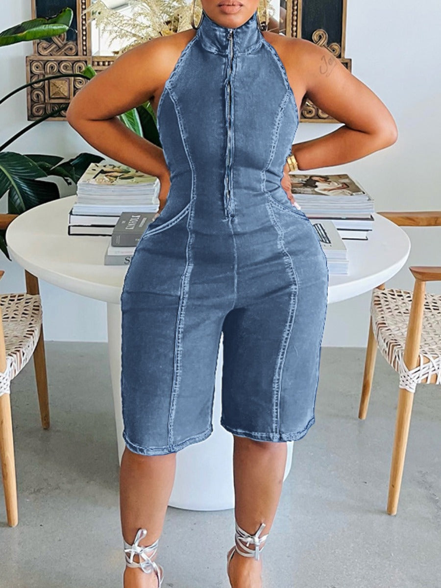 Plus Size Turtleneck Backless Denim Jumpsuit