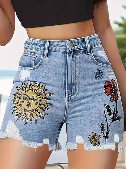 Plus Size Floral Print Ripped Raw Edge Denim Shorts