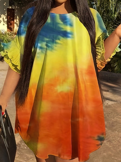 Plus Size Tie Dye Ruffle Design Loose Dress