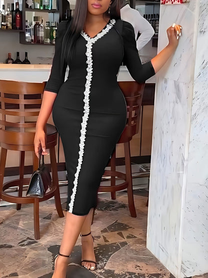 Plus Size V Neck Flounce Design Bodycon Dress