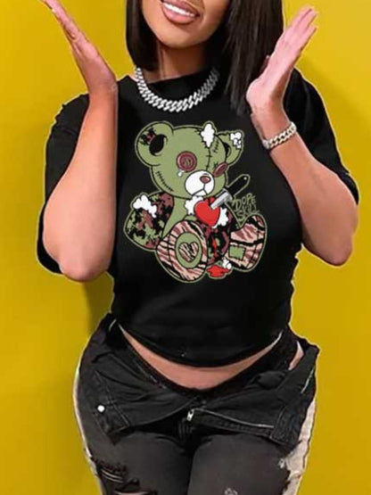 Plus Size Round Neck Cartoon Print T-shirt