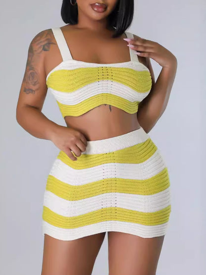 Scalloped Mesh Striped Skirt Set