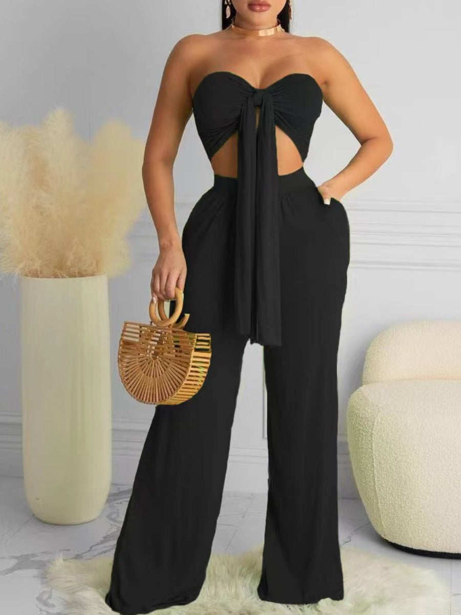 Bandage Design Wide Leg High Waist Pants Set