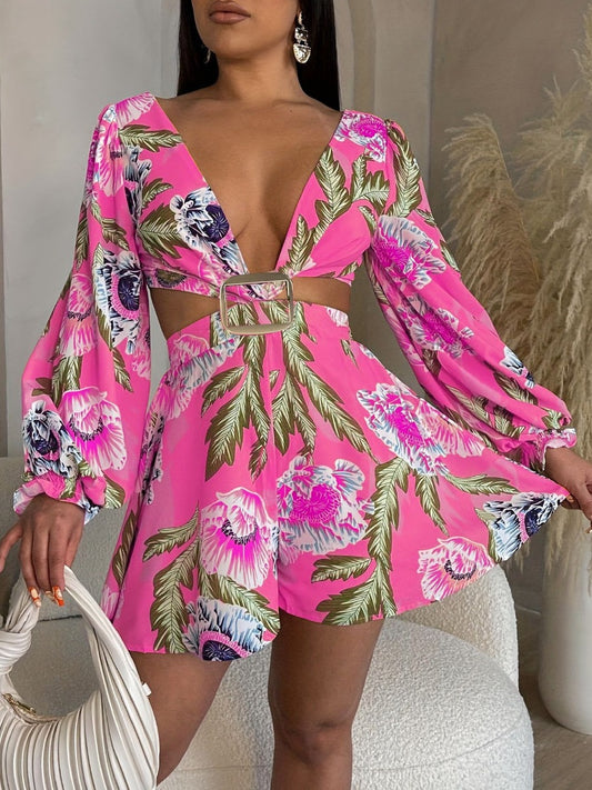 Floral Print Metal Ring Decor Cut Out Romper