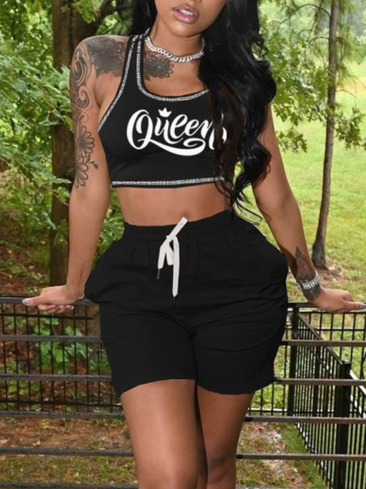 Crop Top Queen Letter Print Drawstring Shorts Set