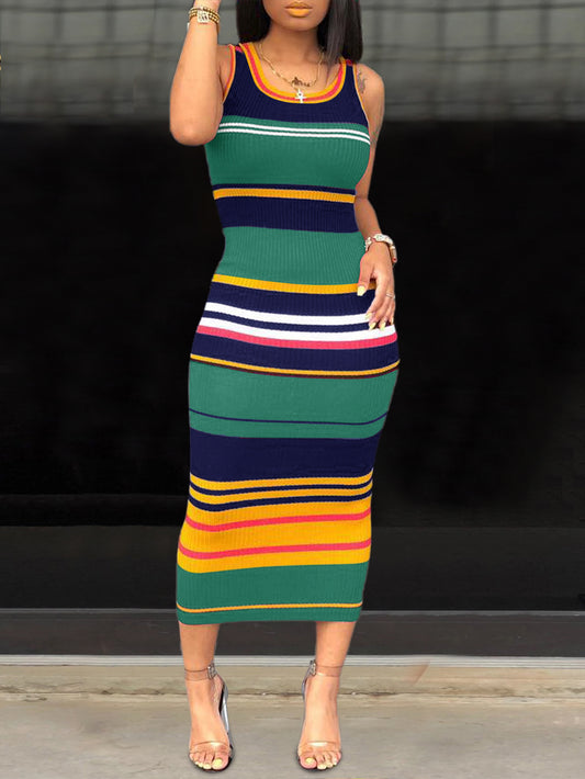 Round Neck Striped Bodycon Dress